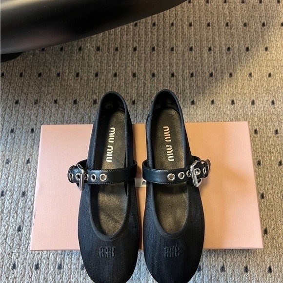 Miu Miu Black Leather Flats with Buckle Detail - Picture 2 of 6